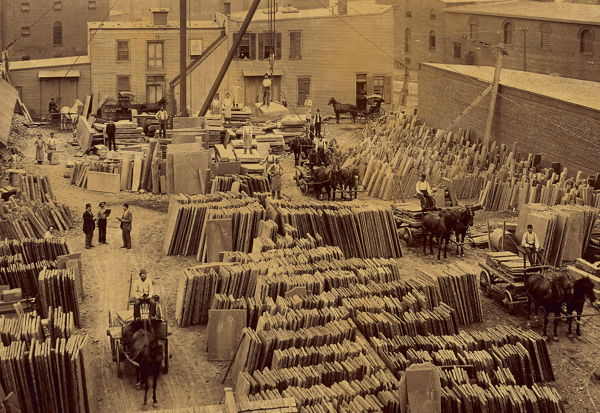 workers at a 19th century stone yard in Brooklyn