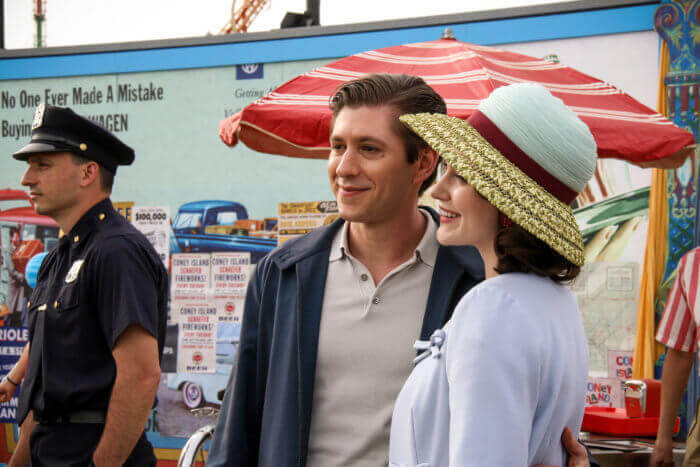 Actors Rachel Brosnahan and Michael Zegen are all smiles on set