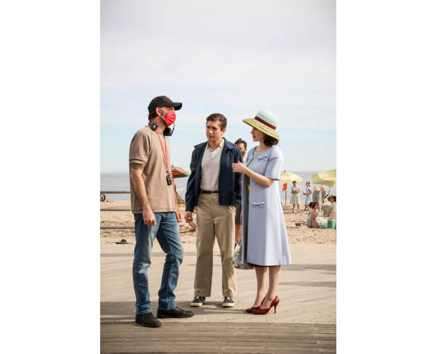 Actors Rachel Brosnahan and Michael Zegen prepare for a scene