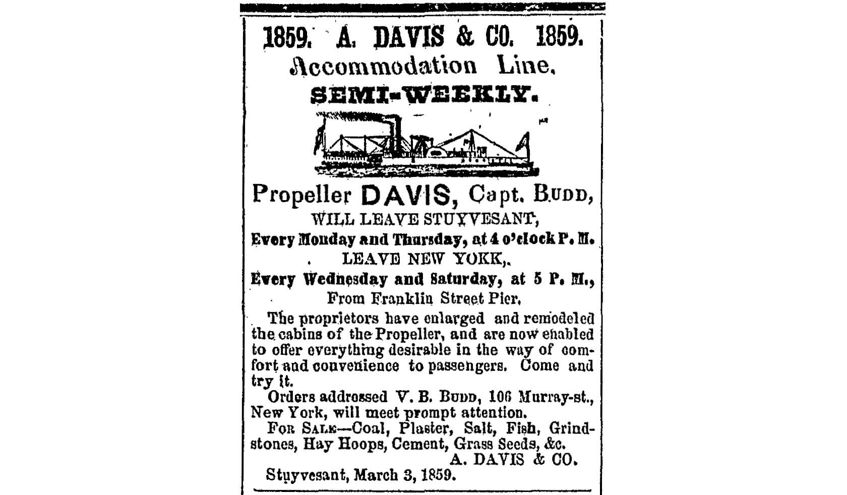 an 1859 newspaper ad for the propeller Davis