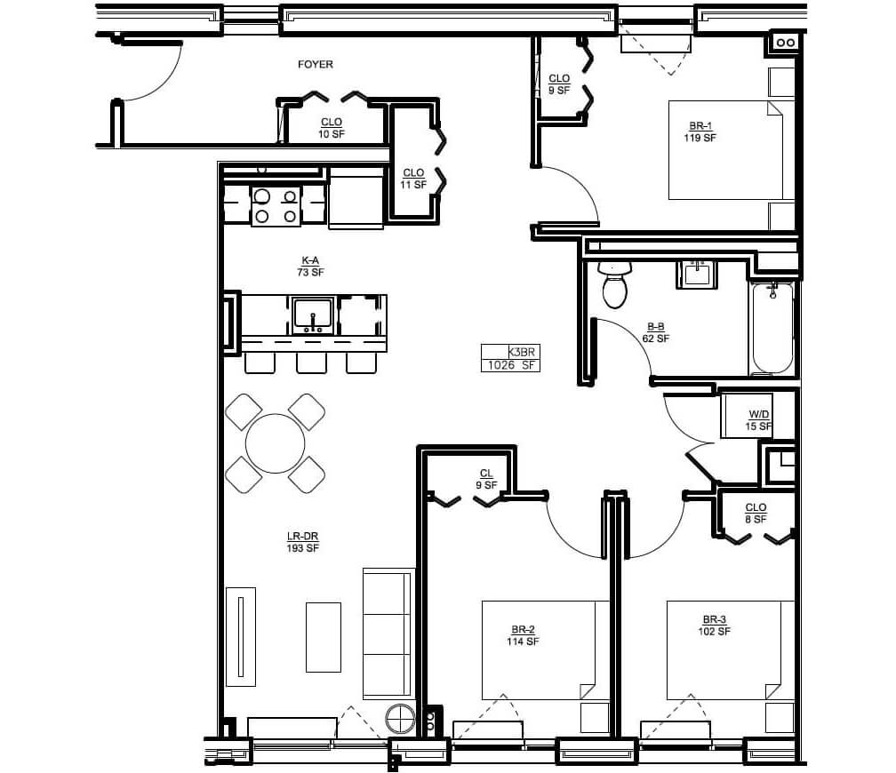 Three-bedroom floorplan via NYC Connect
