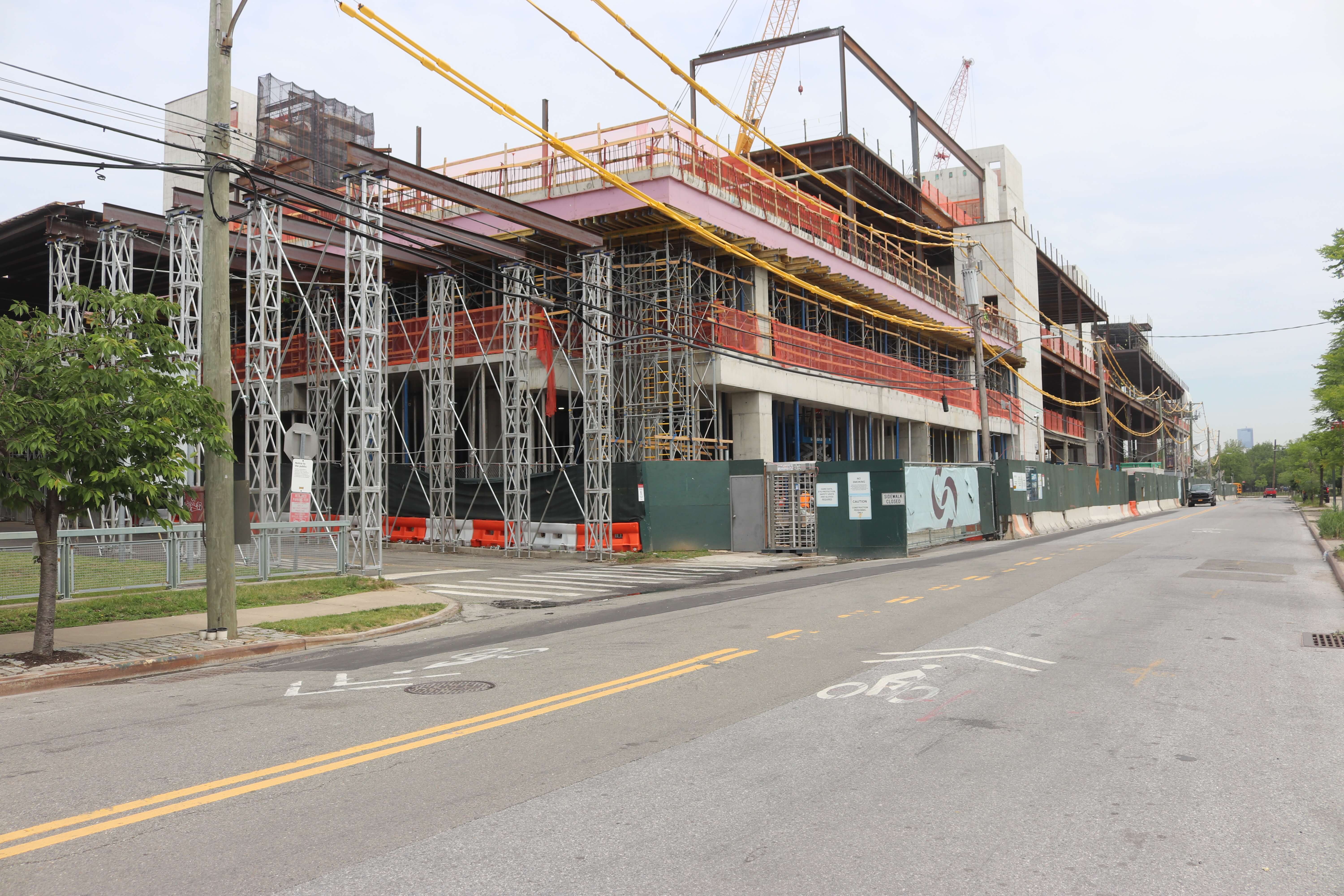 View of the back of the building under construction from Columbia Street