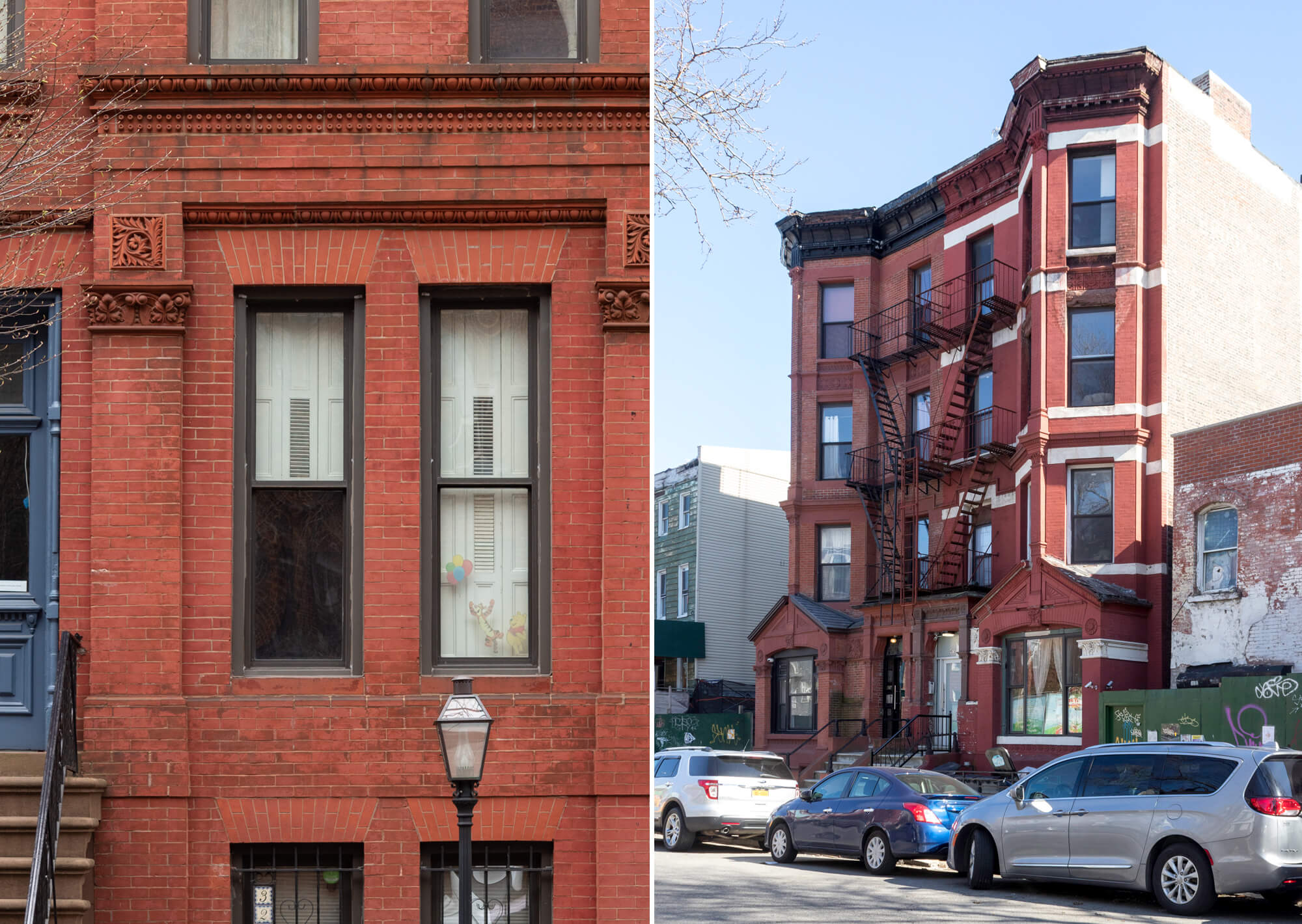 Left, A brick row house on 4th Street in Park Slope. Right, A Queen Anne style apartment building on Lafayette Avenue in Bed Stuy