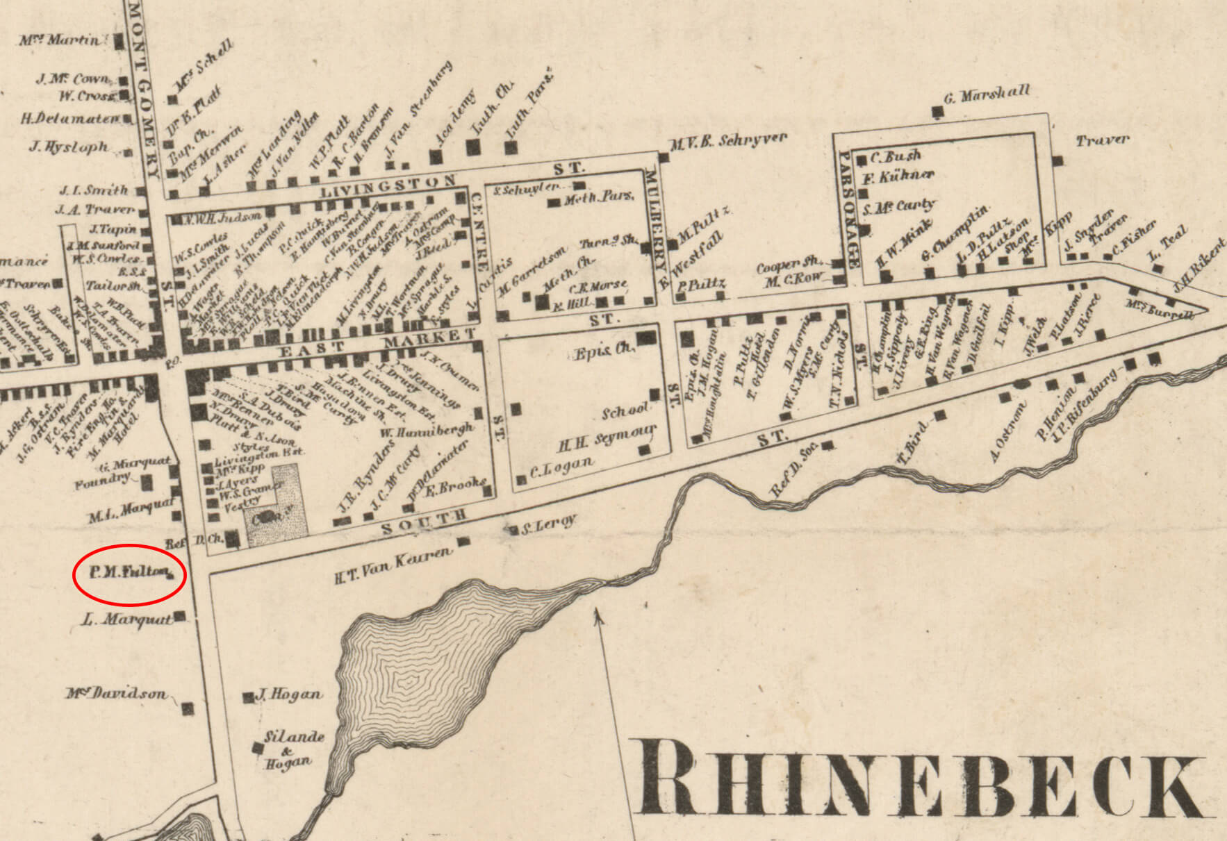 The house, circled in red, is indicated as the property of P. M. Fulton in 1858