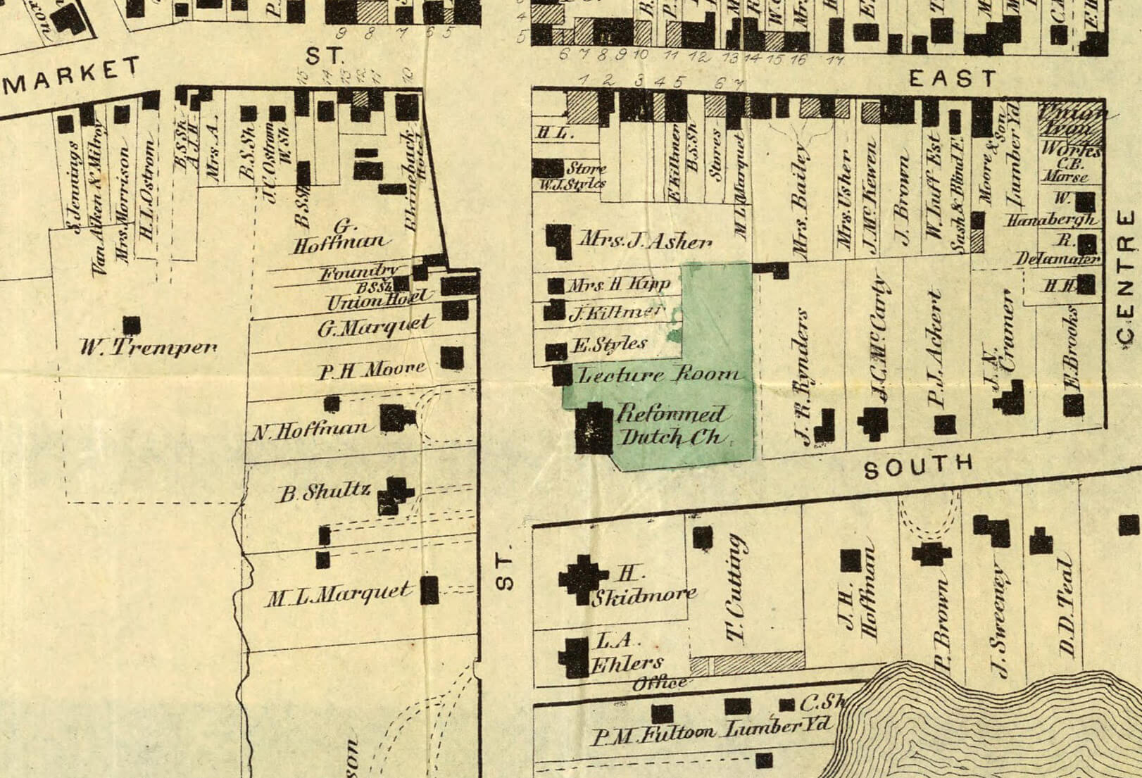 By 1867 the house is indicated as the property of B. Schultz while Peter M. Fulton has a lumber yard on the other side of Mill Street