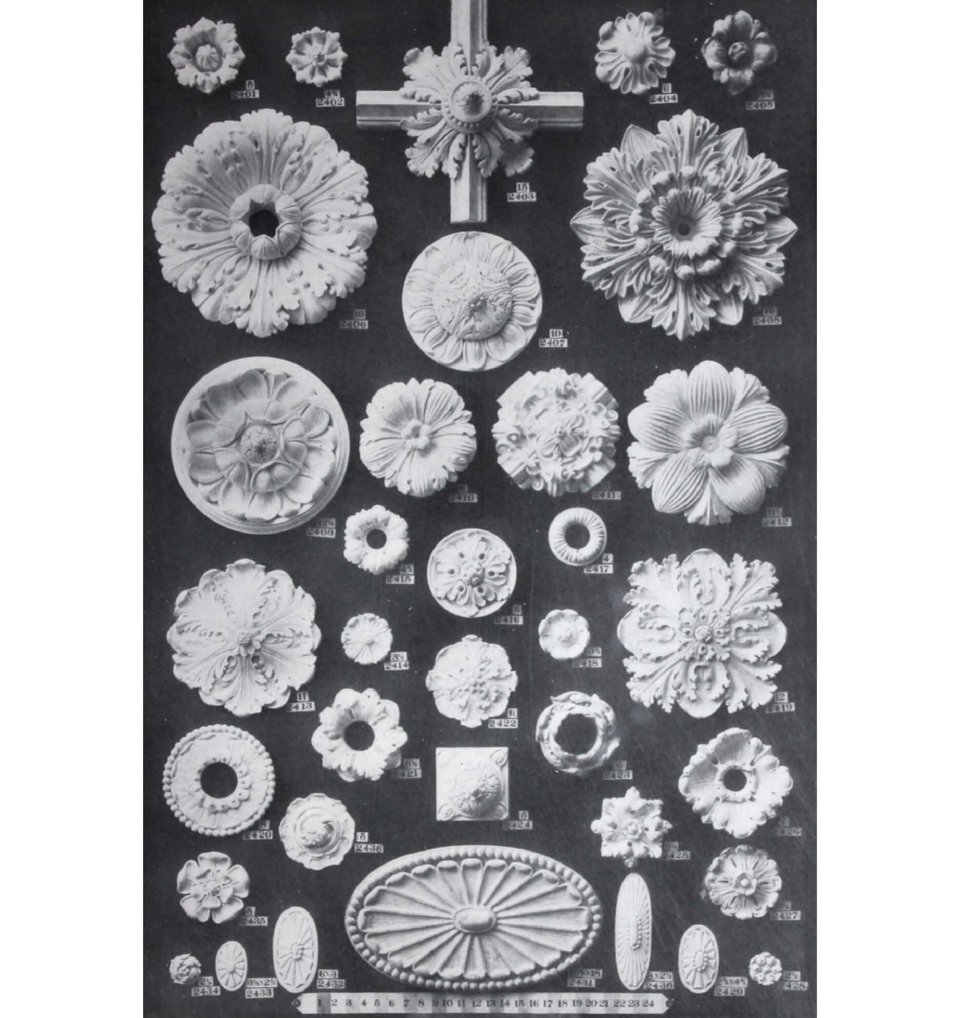 Plaster rosette samples from the circa 1909 catalog of the Architectural Decorating Company of Chicago