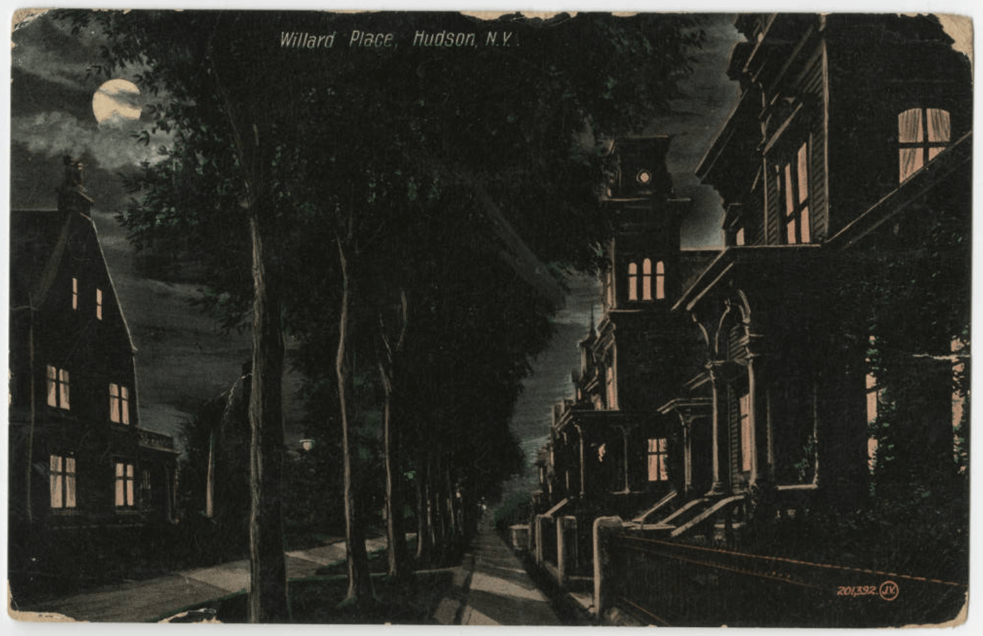 An early 20th century postcard of Willard Place in the moonlight