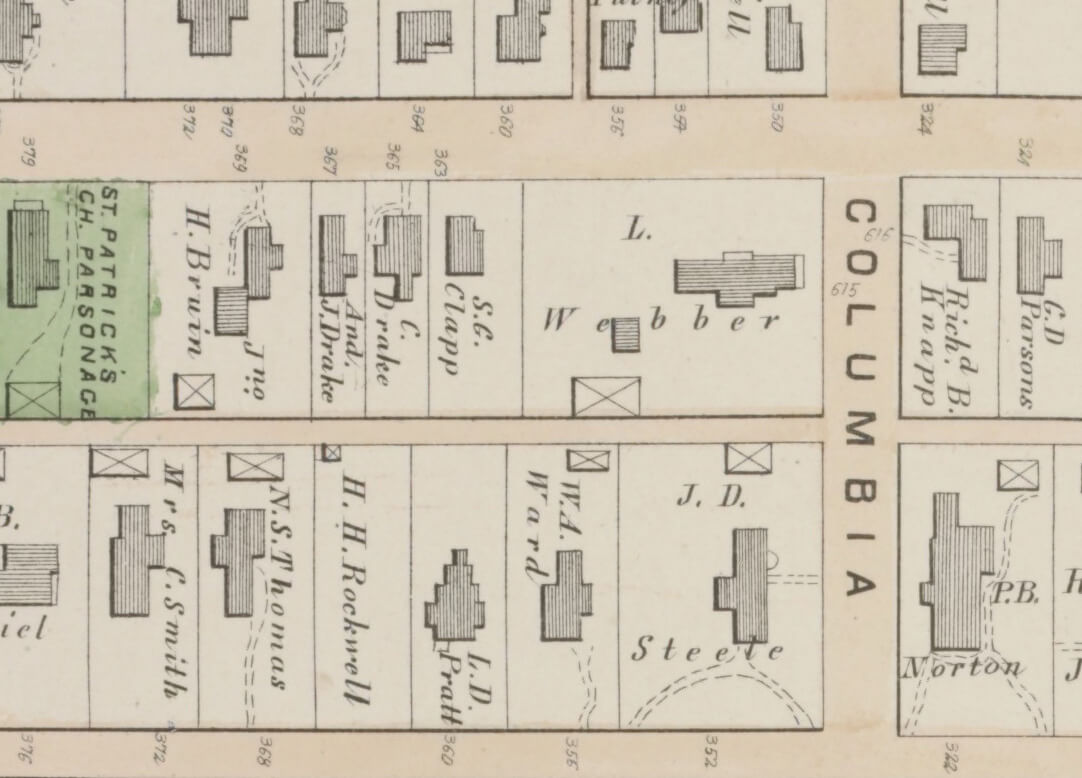 A map of 1876 shows a house with a different silhouette on the corner lot owned by Webber