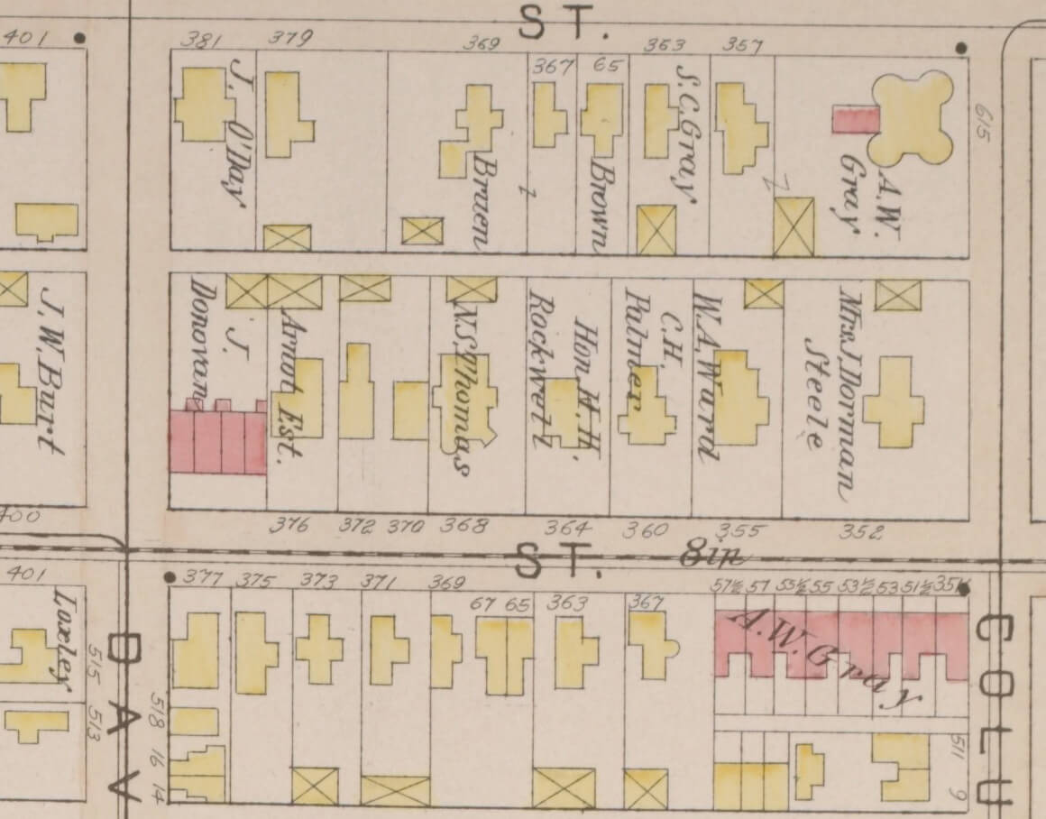 A map of 1896 shows the house with its post 1877 silhouette as the property of Lorenzo and Jane's daughter, Adelle W. Gray