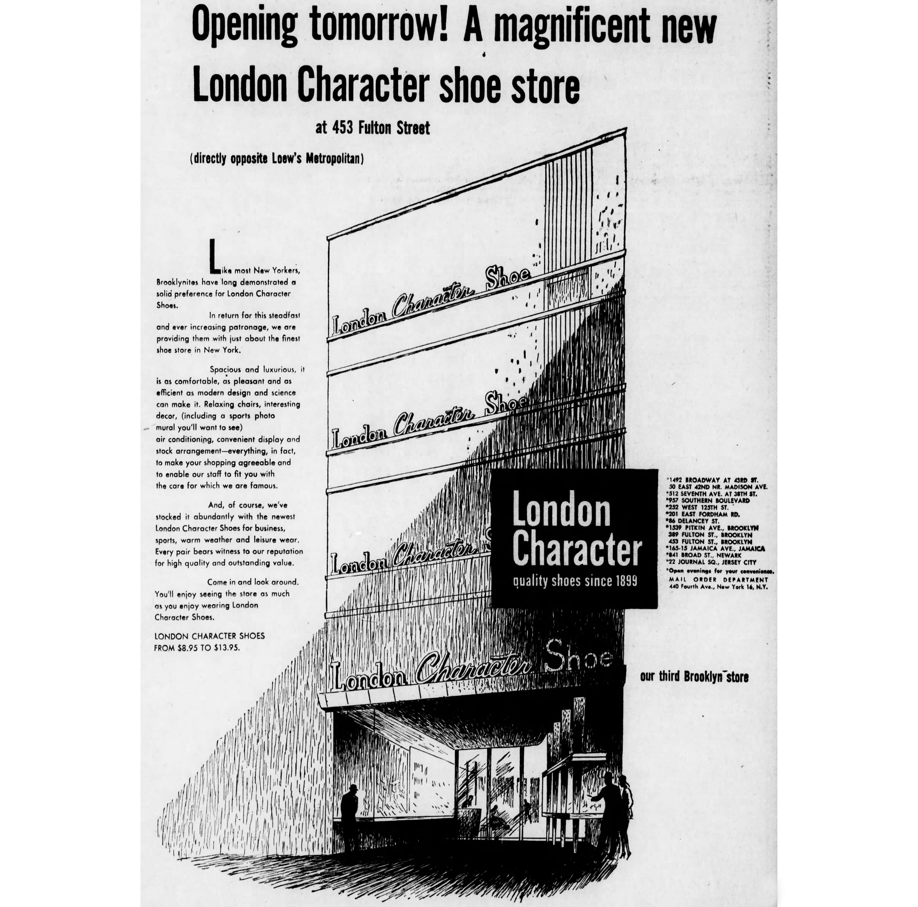 a sketch of the exterior of the shop from a 1947 ad