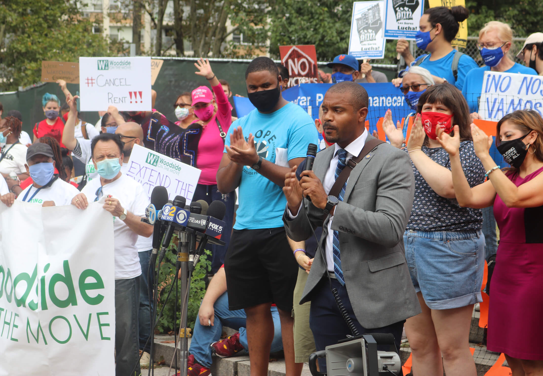 eviction moratorium rally at Cadman Plaza