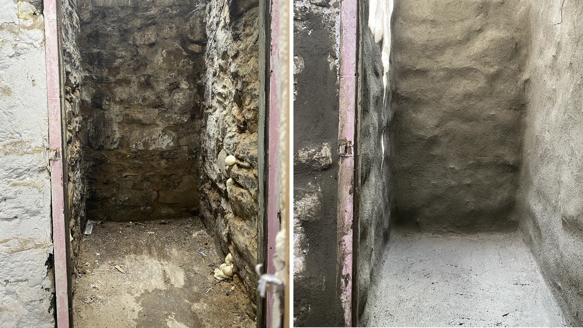 Before and after repointing the hatch walls