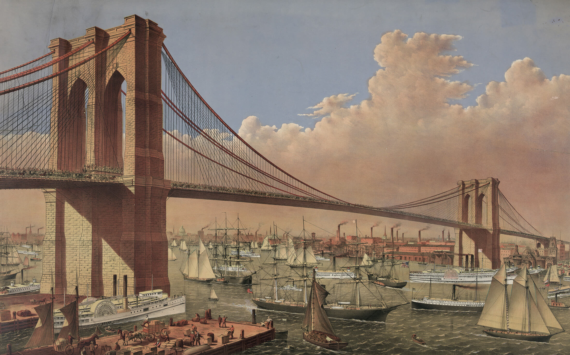 lithograph of the brooklyn bridge