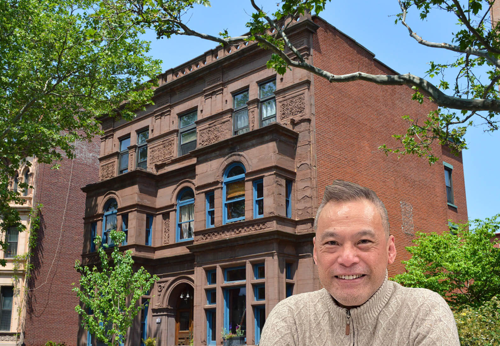exterior of kelley mansion and portrait of ban leow