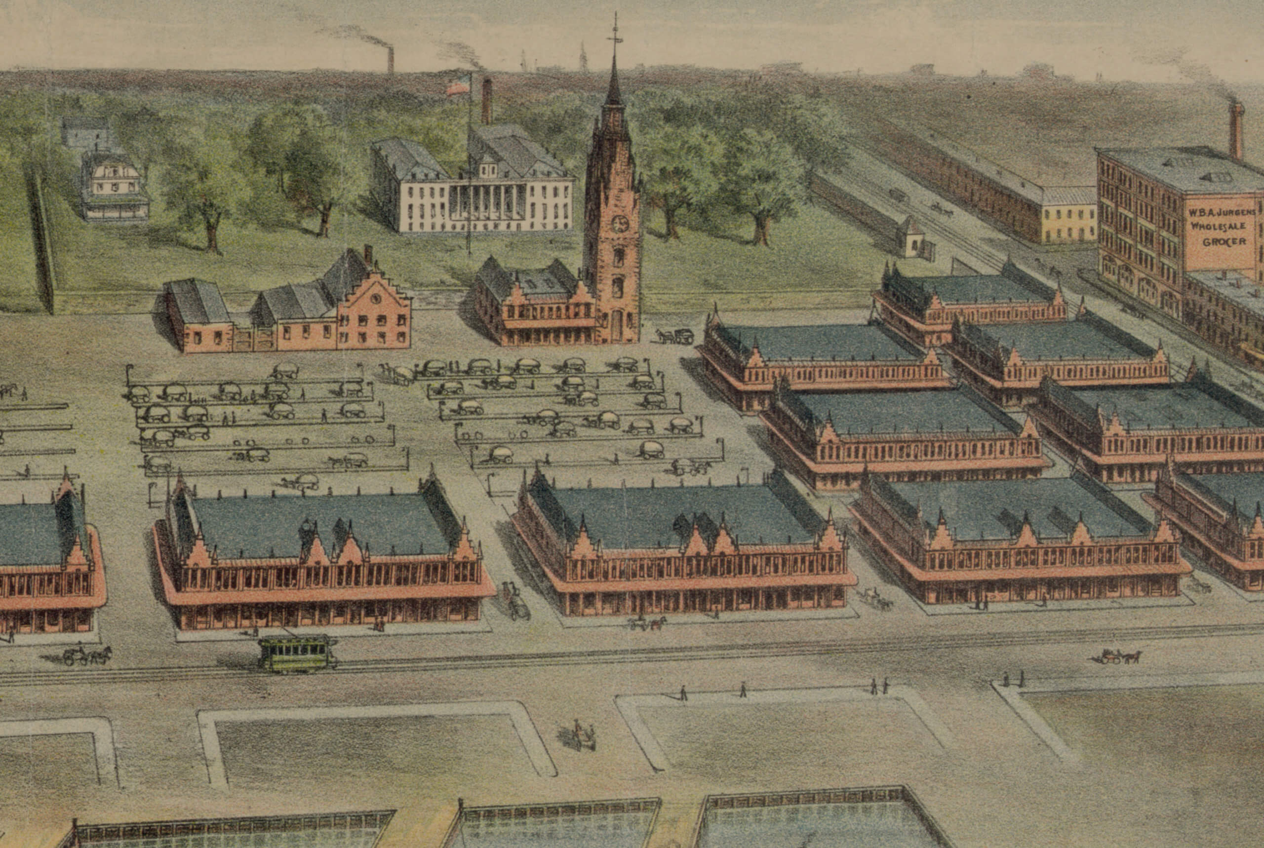 aerial view drawing of the market buildings