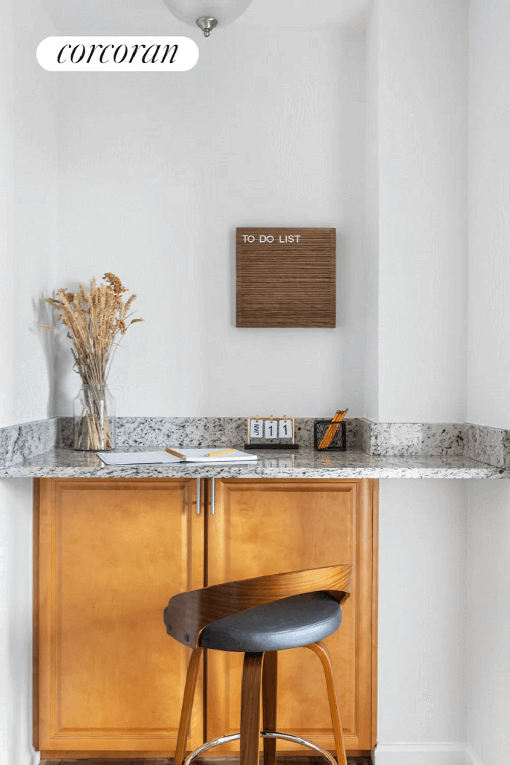 small built-in desk in kitchen