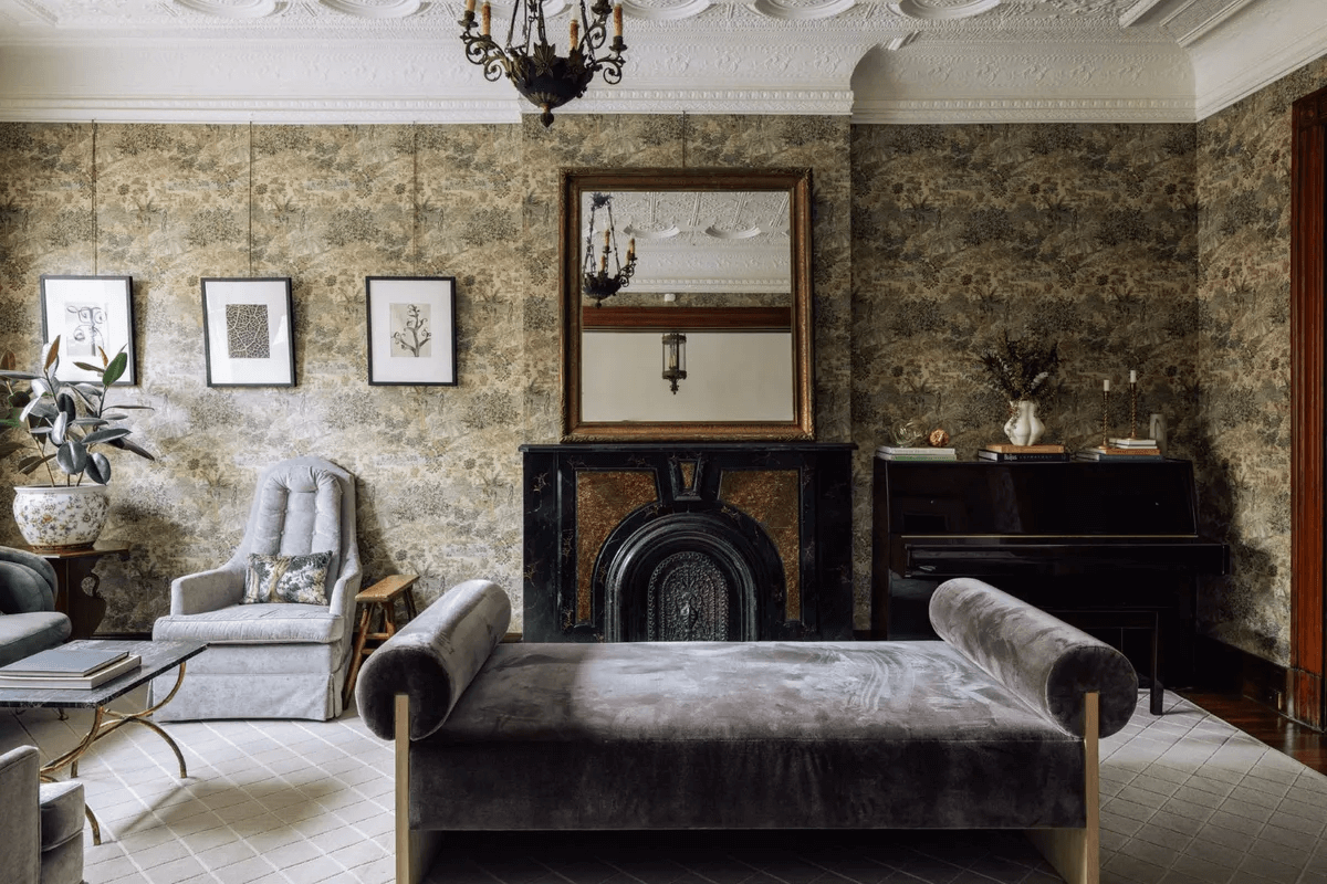 parlor with plasterwork and mantel