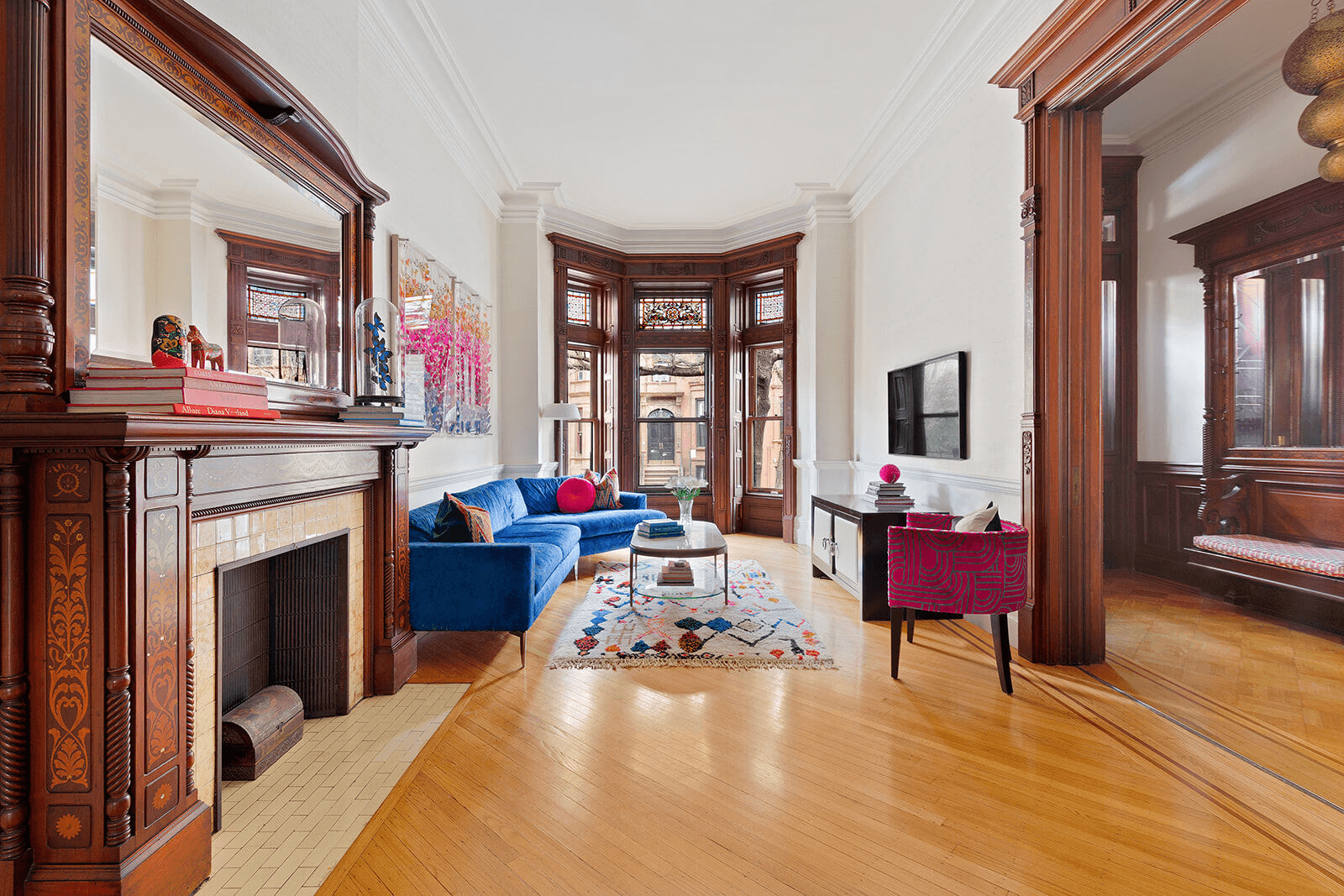 parlor with mantel and stained glass in 854 president street