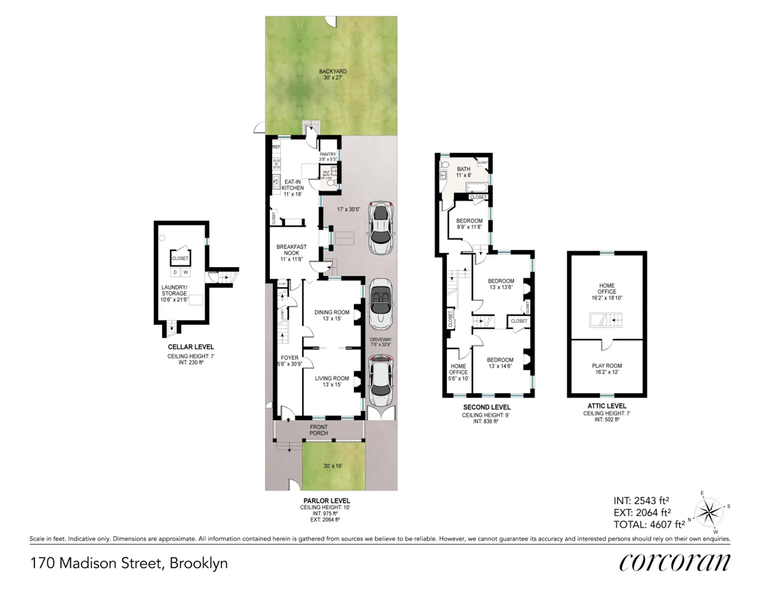 floorplan showing three floors plus cellar and driveway for parking