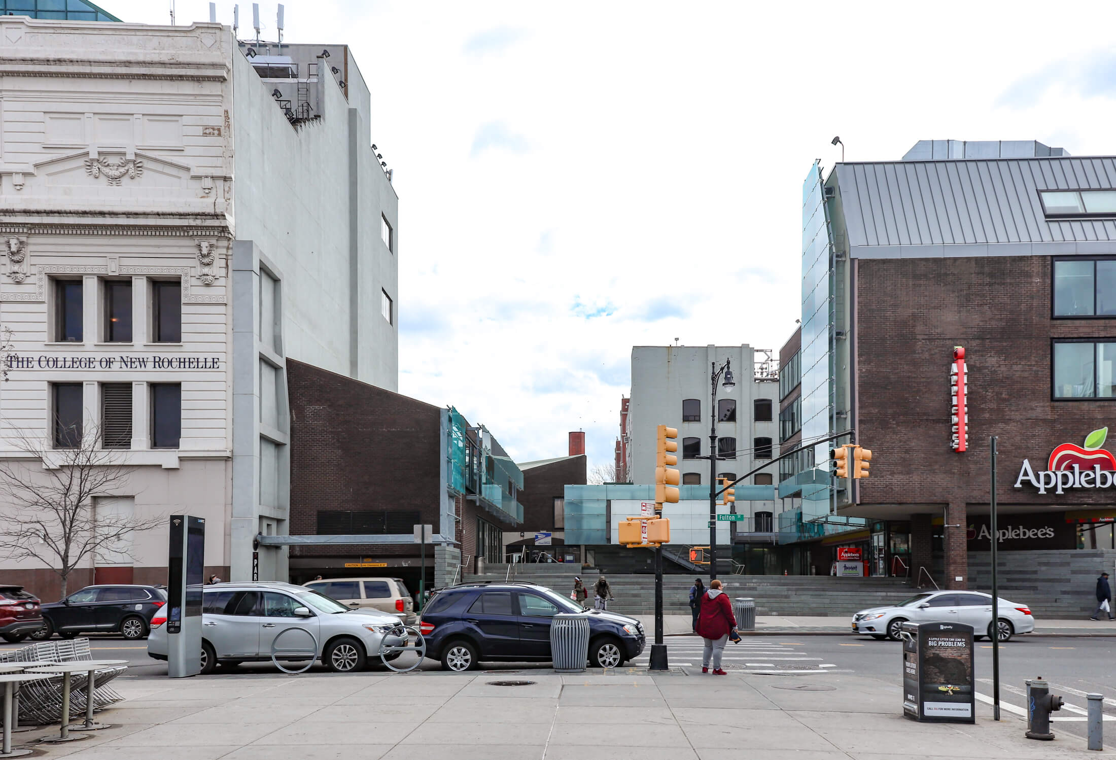 a view across fulton street towards restoration plaza