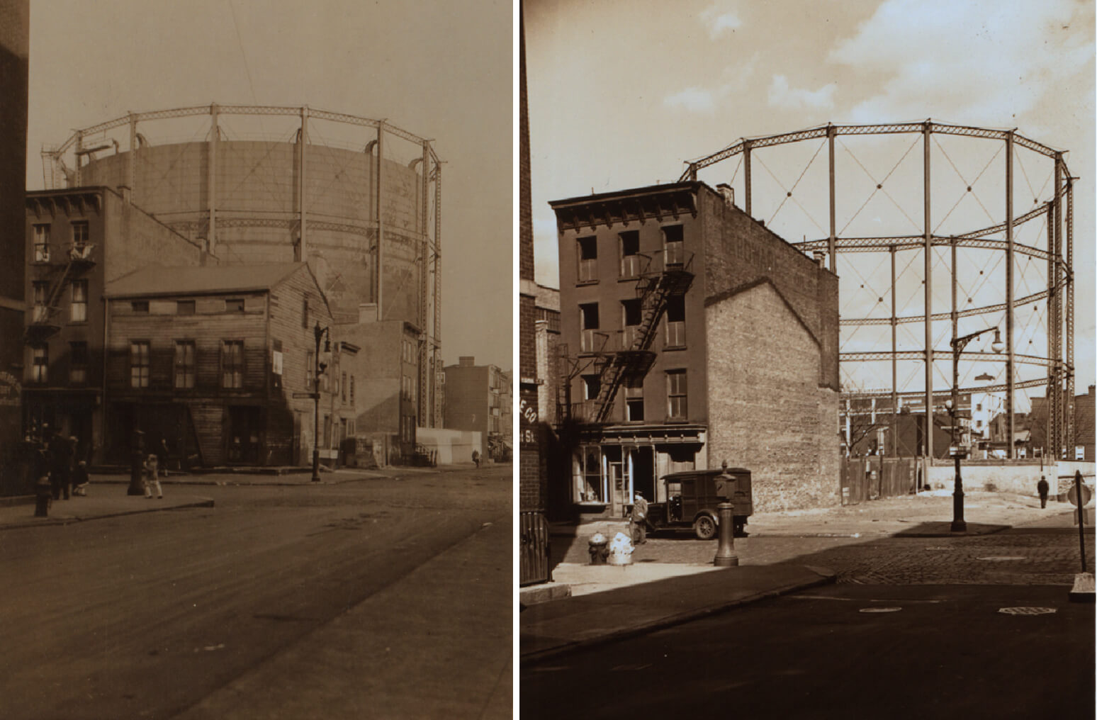 historic images showing one of the gas tanks on the site