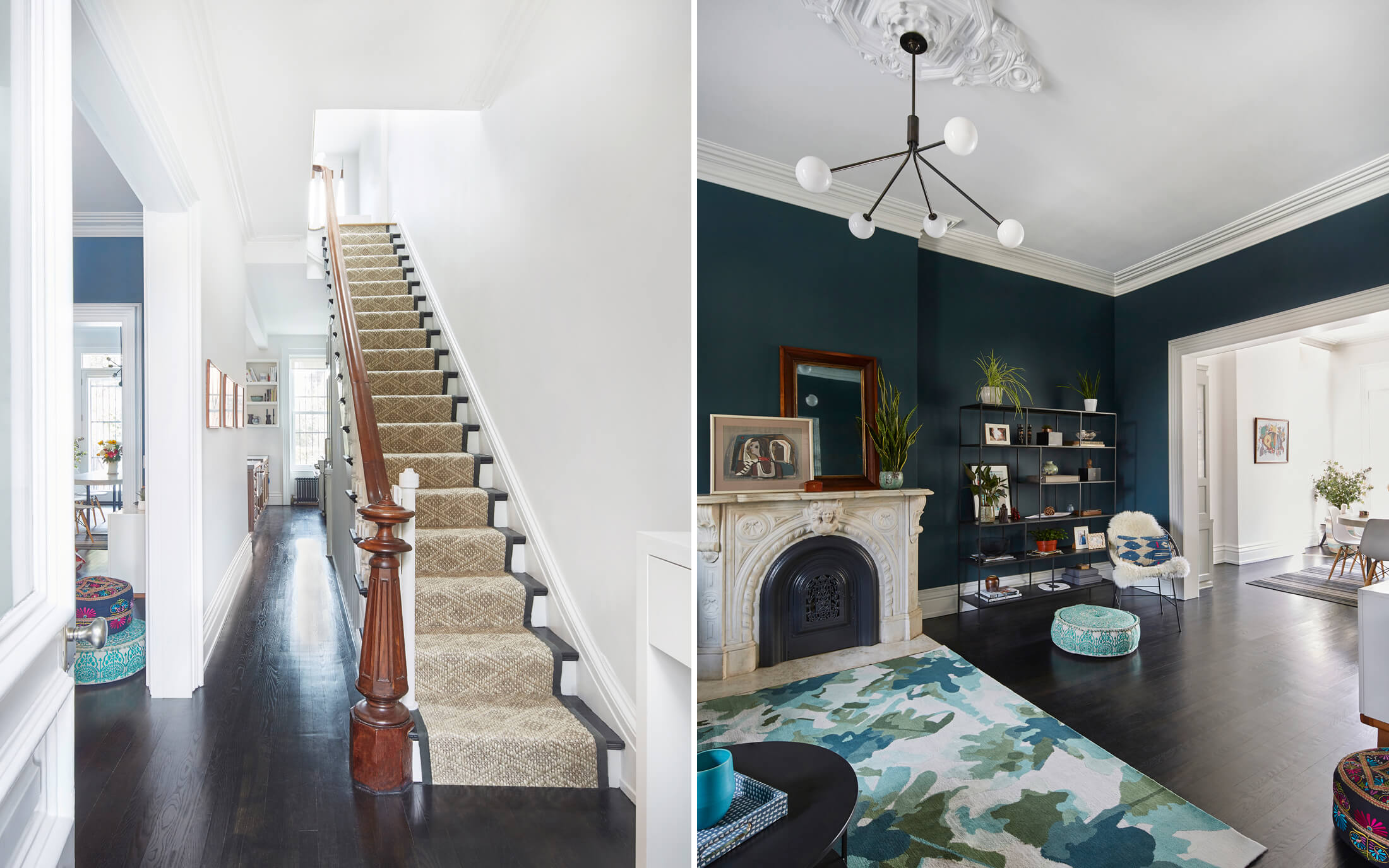 stair and parlor interior with mantel