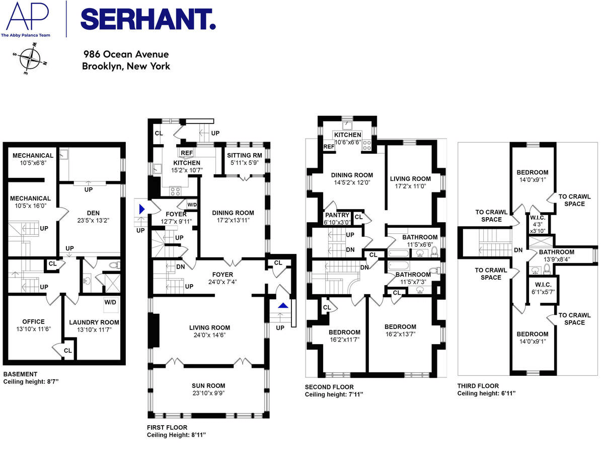 floor plan showing three floors and basement