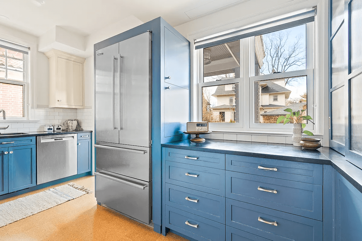 kitchen with blue cabinets