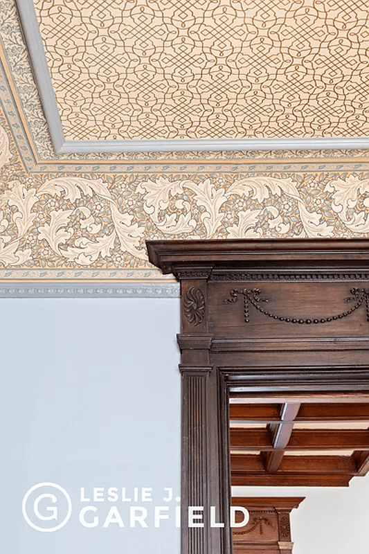 detail of wallpaper on ceiling in dining room