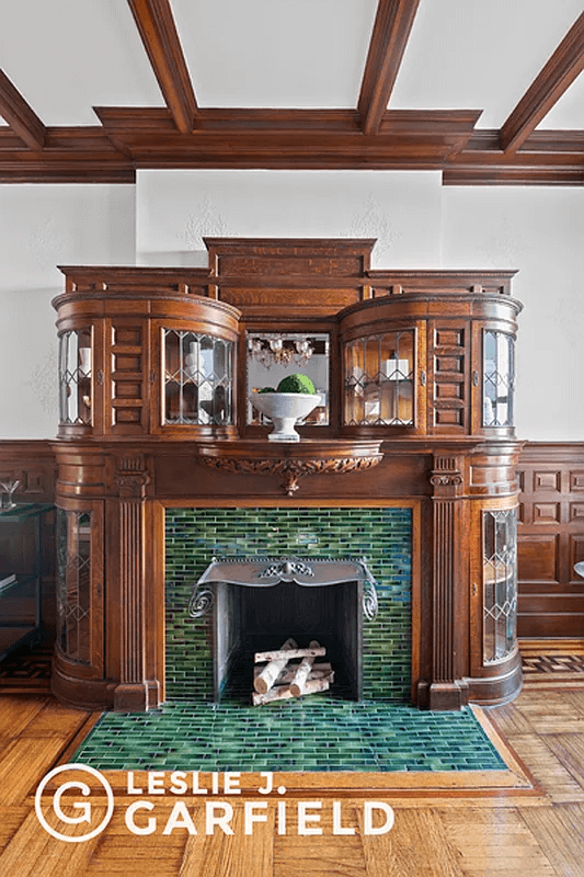 mantel with mirror and cabinets