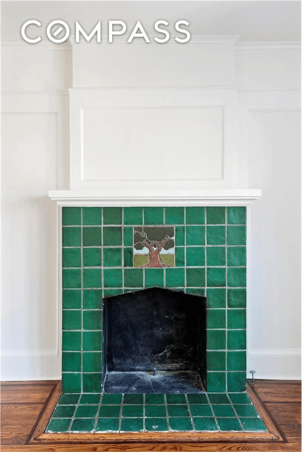 living room with green tiled mantel
