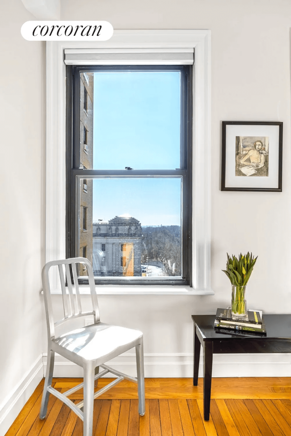 view out bedroom window showing brooklyn museum