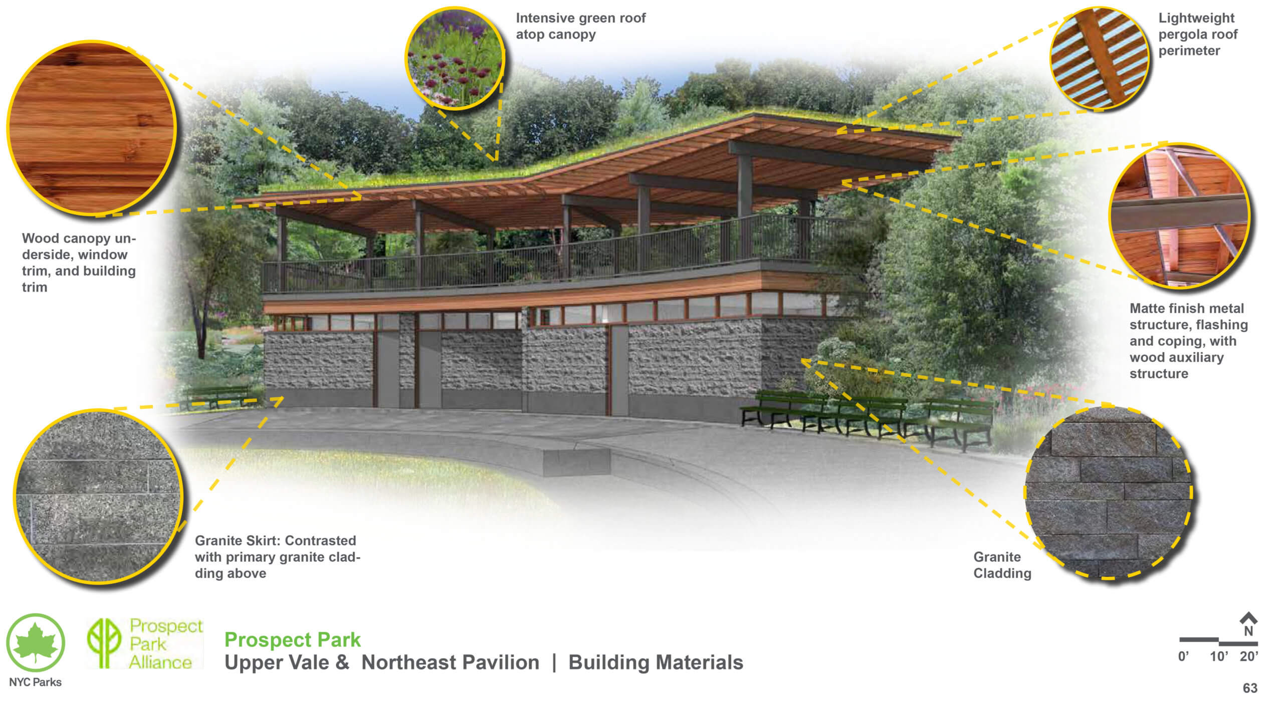 materials proposed for pavilion including wood and granite