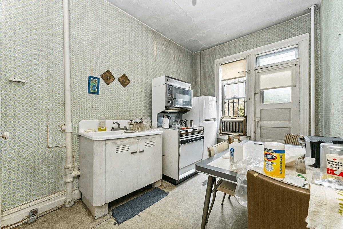 first floor kitchen with vintage wallpaper