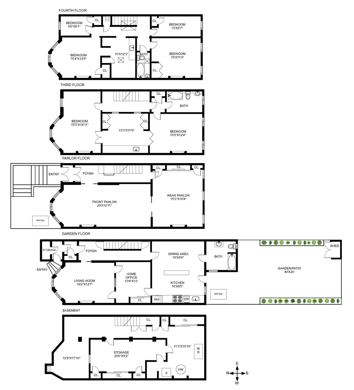 floorplans showing cellar, garden level and upper three floors