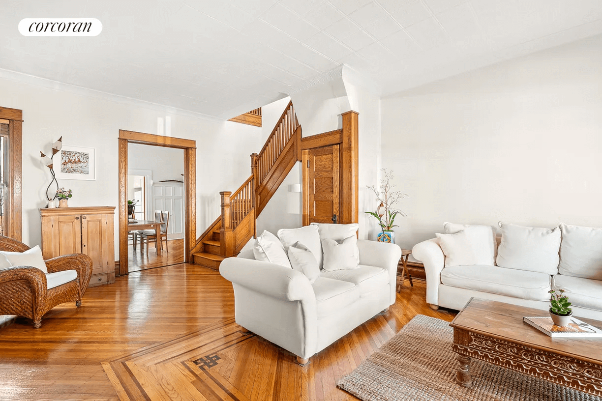 brooklyn home for sale - living room with wood floors and stair