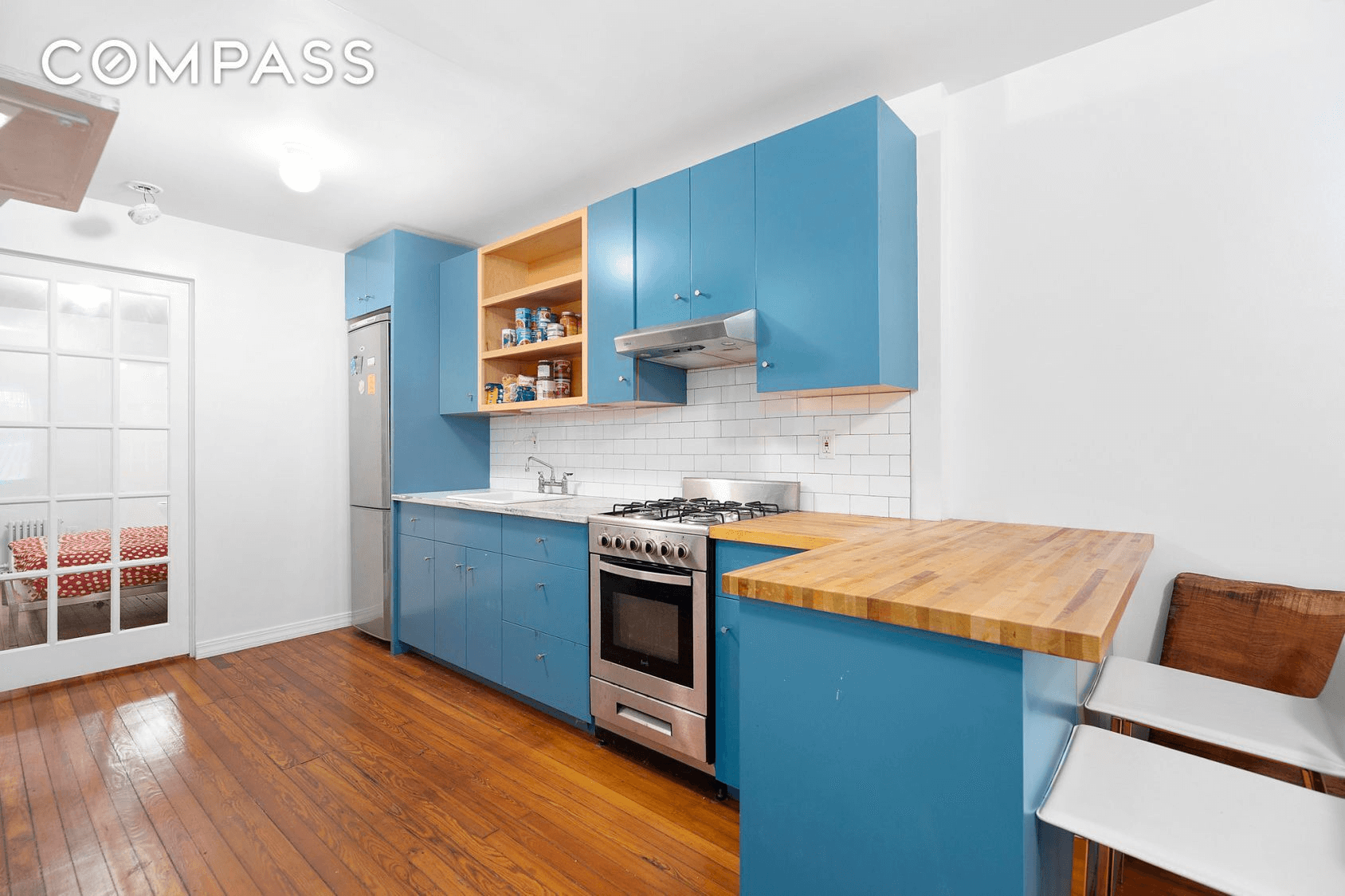 kitchen with blue cabinets