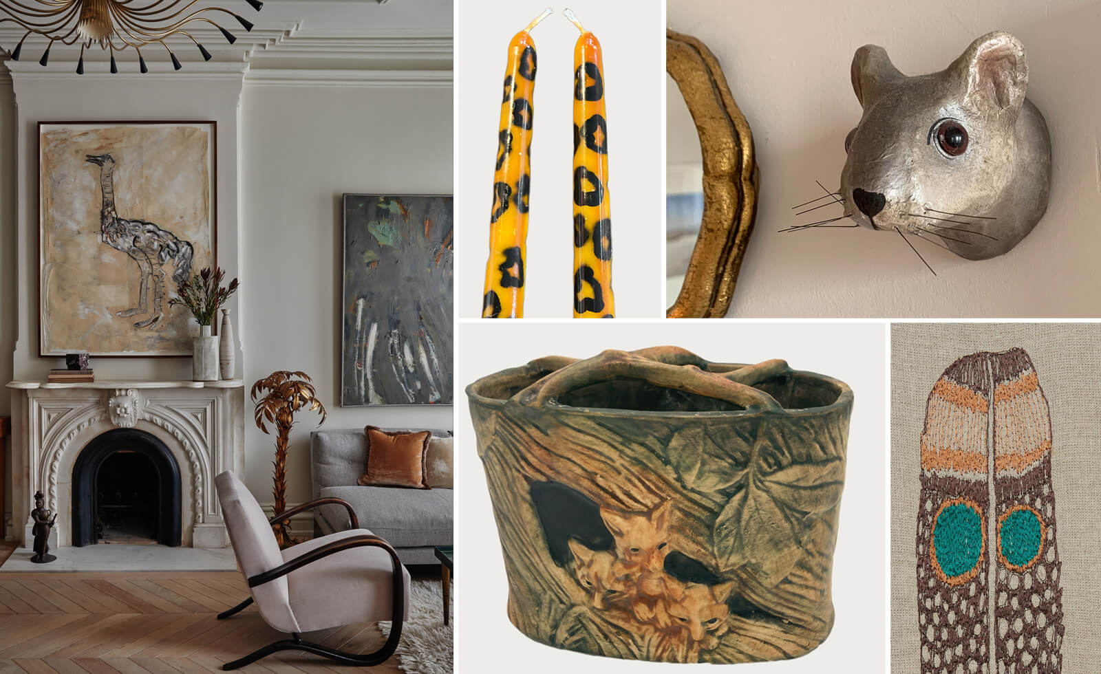 animal themed interior items including candles and a tea towel