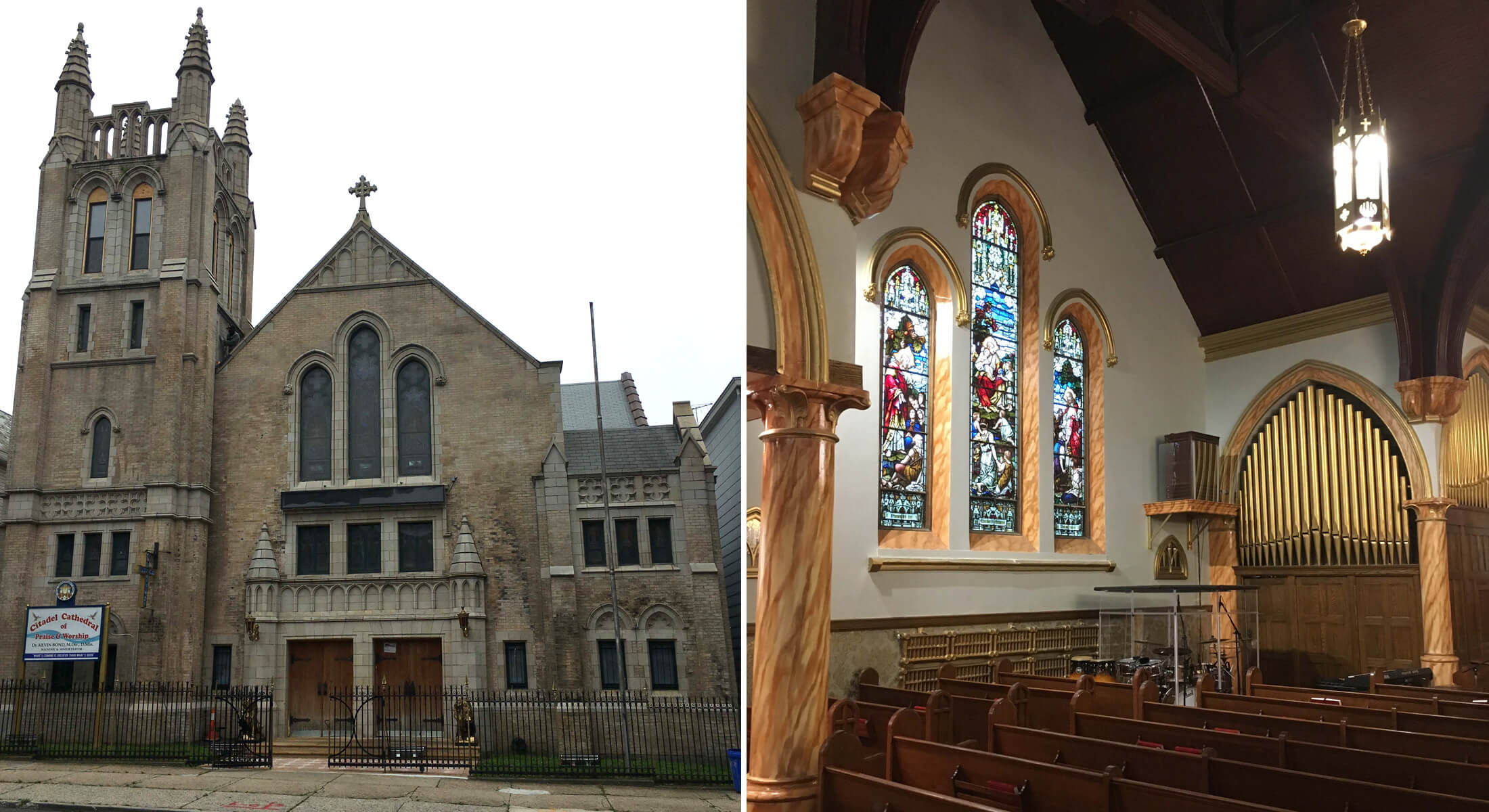 the exterior and interior of the church