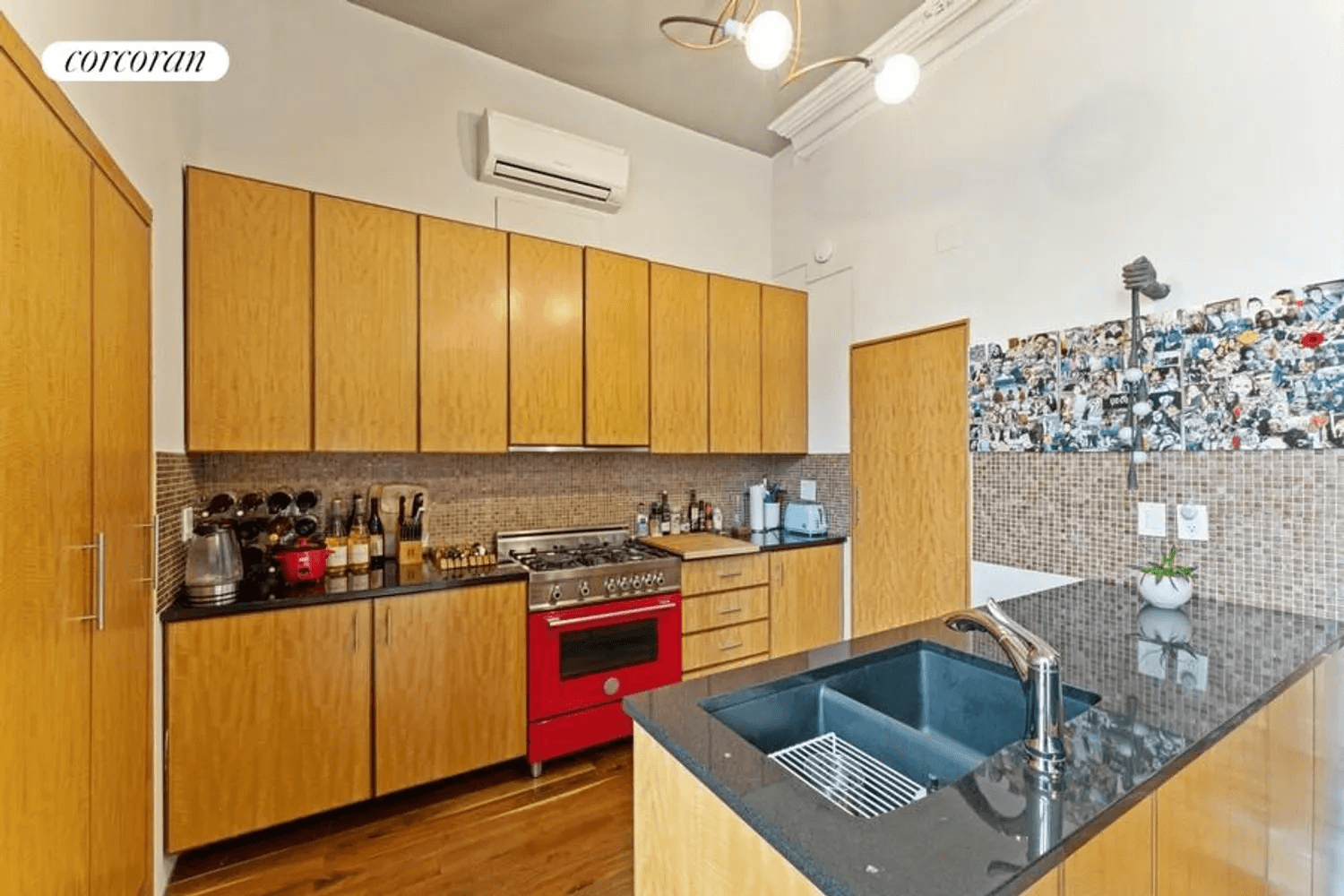 kitchen with red stove