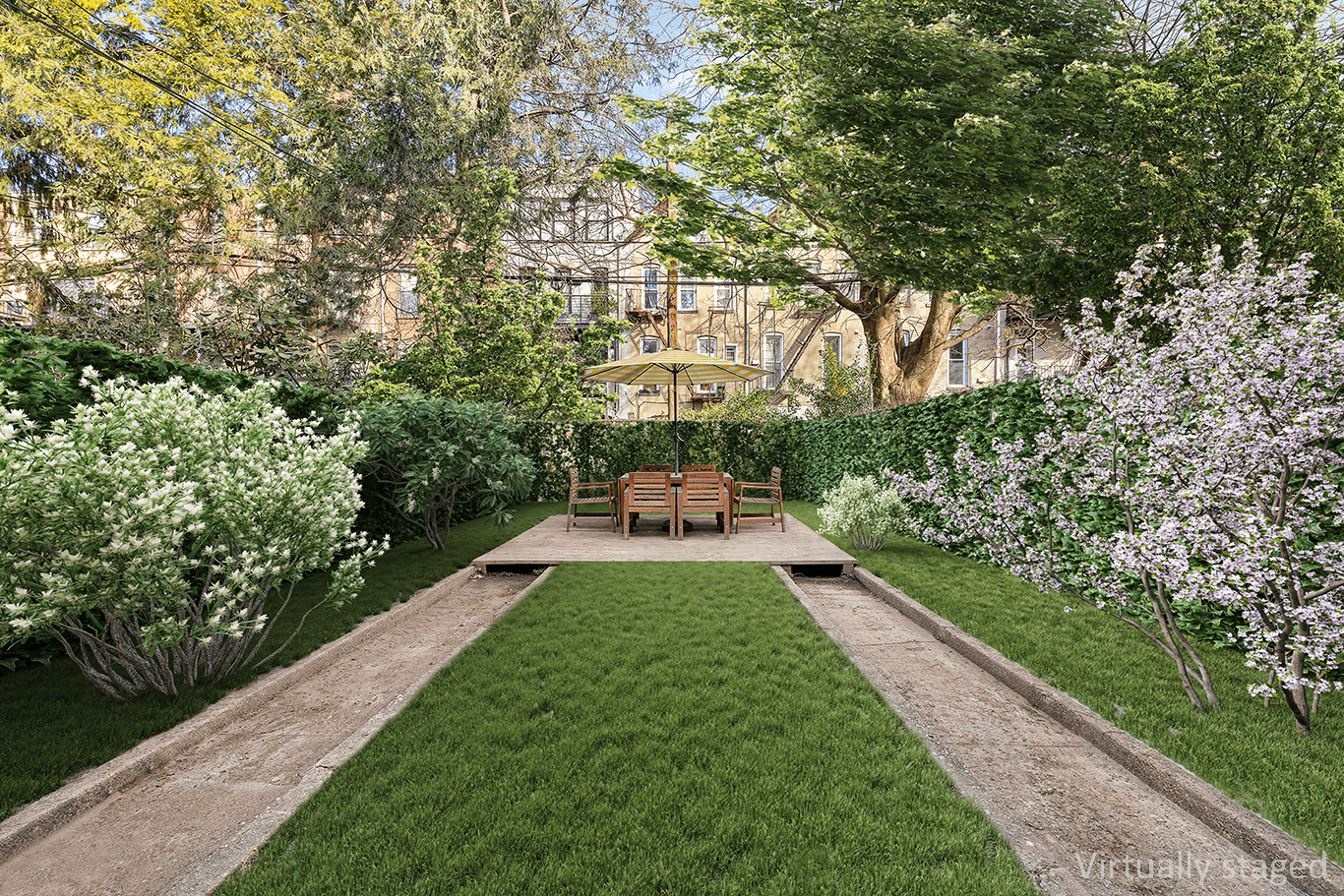 virtually staged view of the garden with dining area