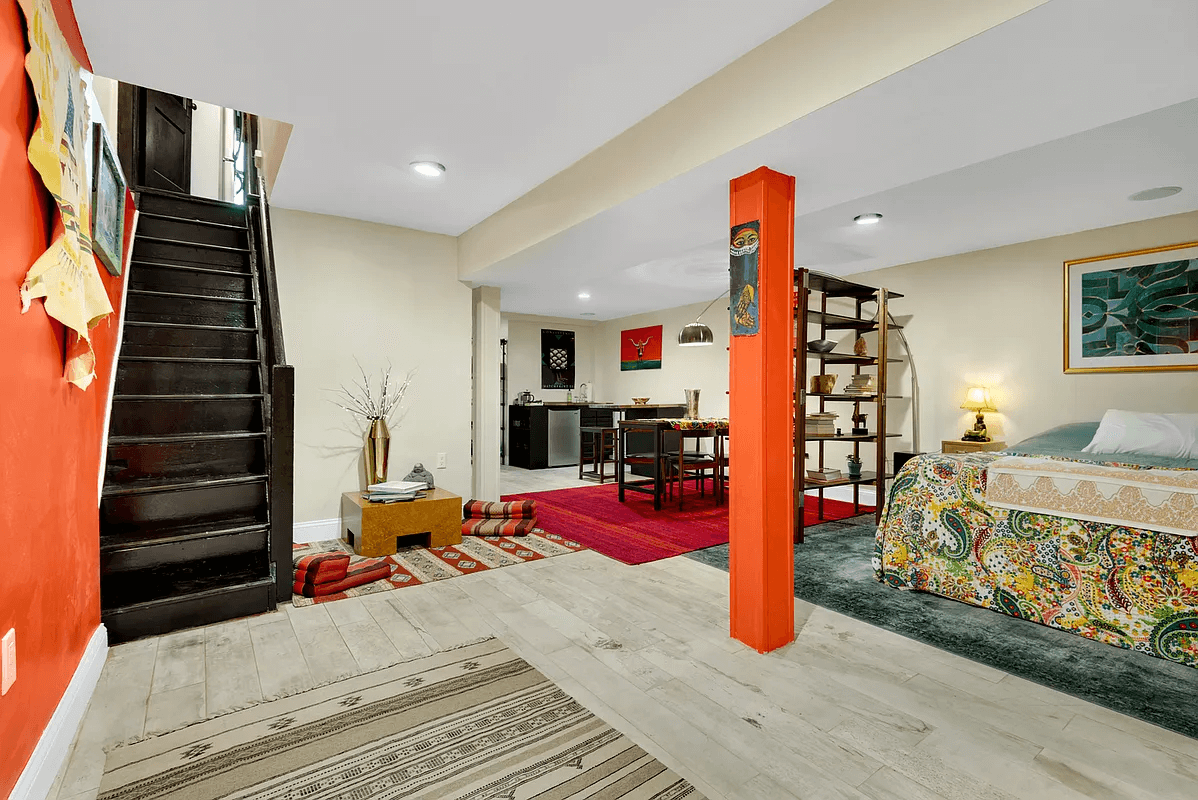 basement rec room with kitchenette