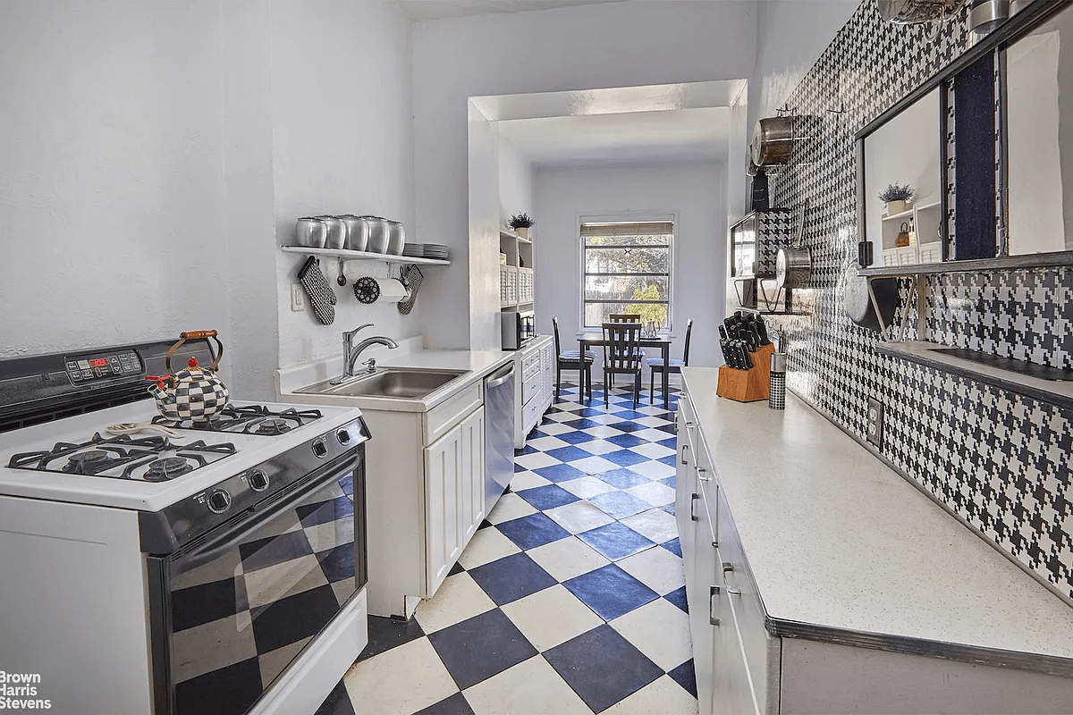 kitchen with black and white checkerboard floor