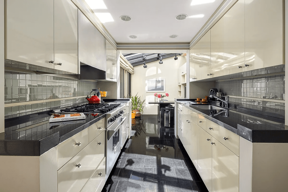 kitchen with black tile floor