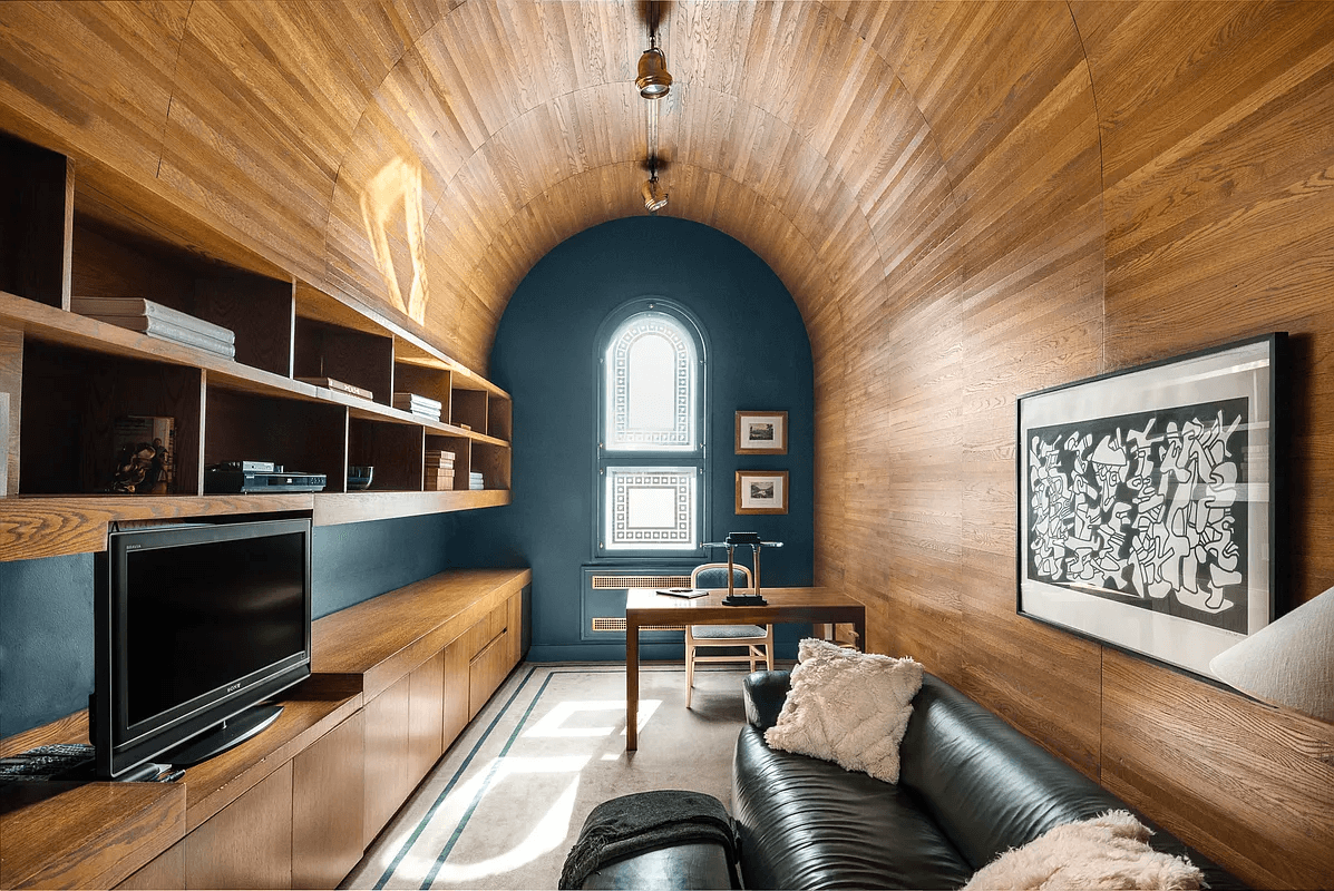 library with wood ceiling