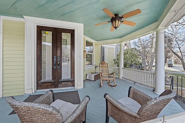 porch with wood slat ceiling