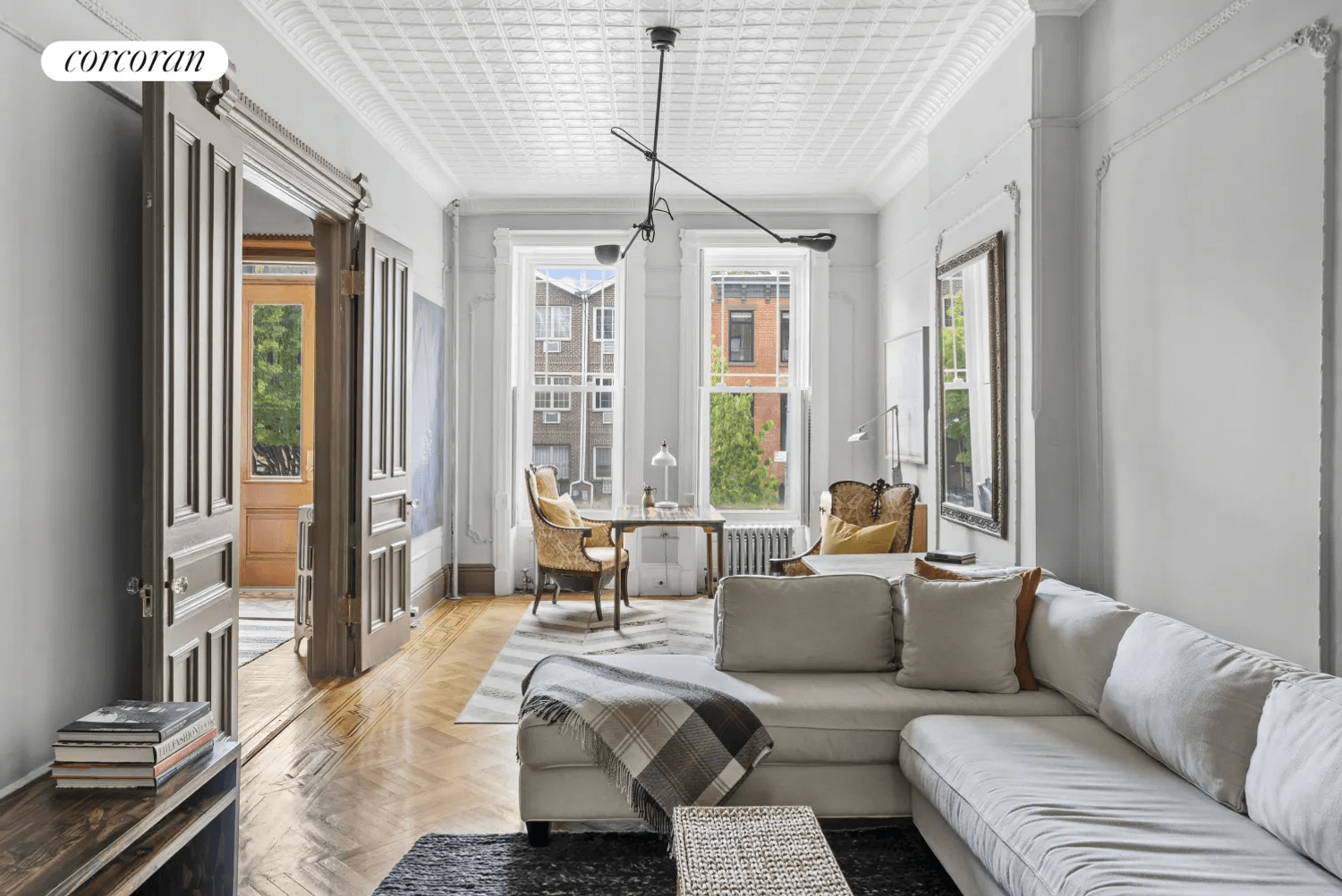 brooklyn open houses - parlor with painted woodwork and tin ceiling