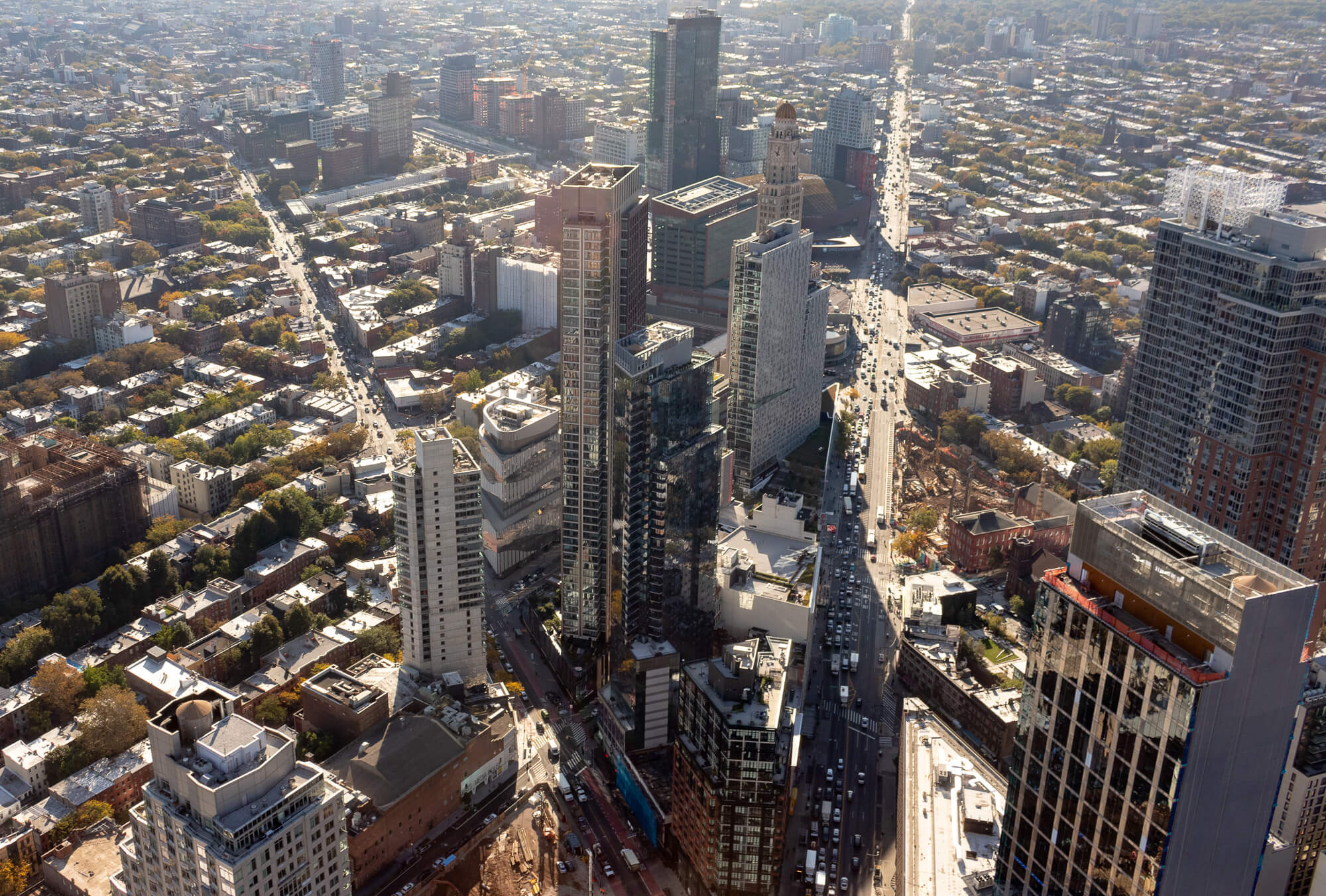 an aerial view of towers