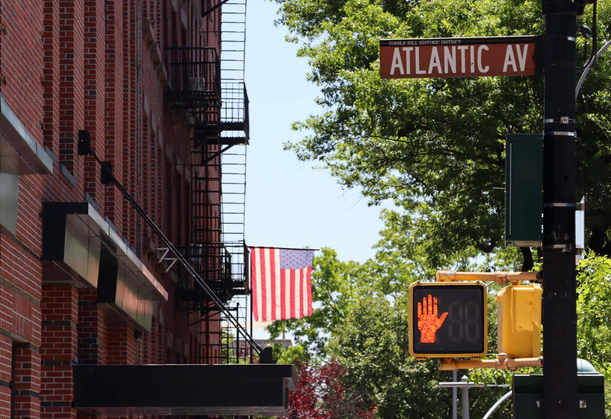 view of atlanatic avenue and cobble hill historic district sign and a flag