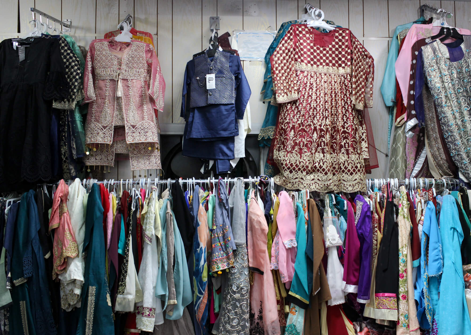 racks of clothing inside a store